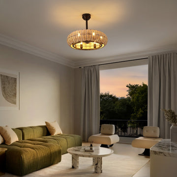 Cassidy 23" 6-Light Modern Bohemian 6-Speed Metal/Rattan Mobile-App/Remote-Controlled Height-Adjustable Lantern LED Ceiling Fan - JONATHAN Y